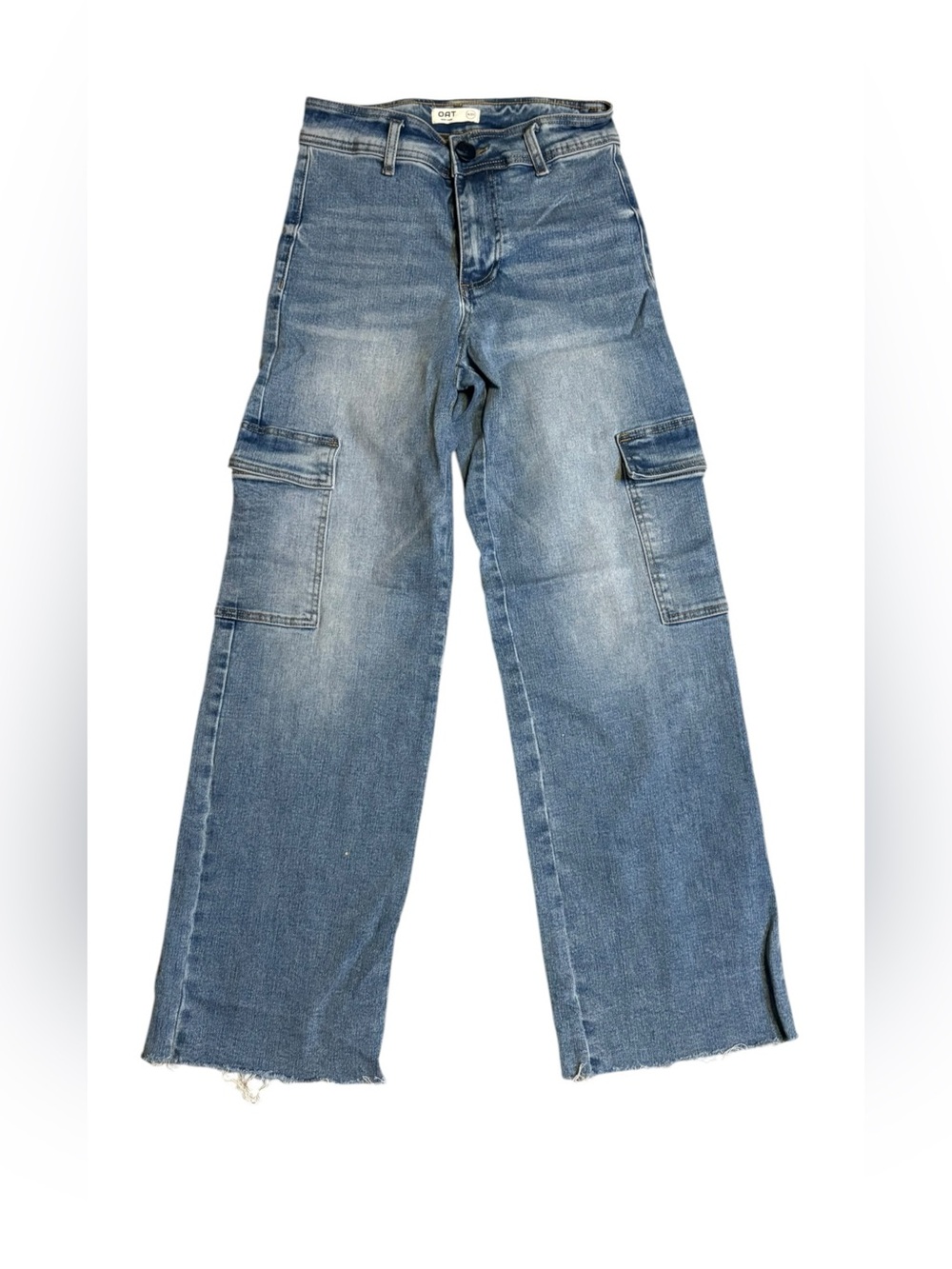 OAT New York Cargo Wide Leg Jeans Size 27 Blue High Rise Raw Hem NWOT